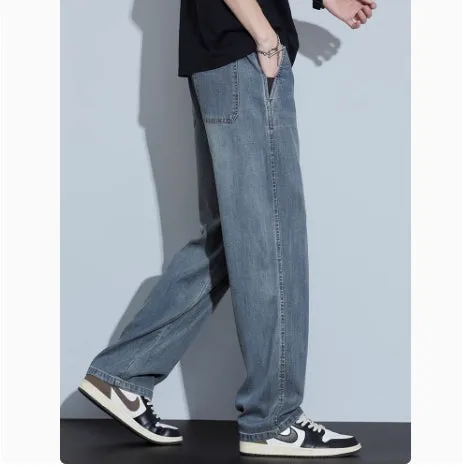 2025 New Tencel Jeans Men's Summer Thin Section Loose Straight Tide American Retro Casual Long Pants