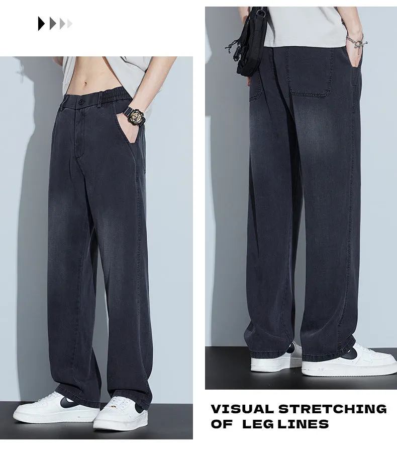 2025 New Tencel Jeans Men's Summer Thin Section Loose Straight Tide American Retro Casual Long Pants