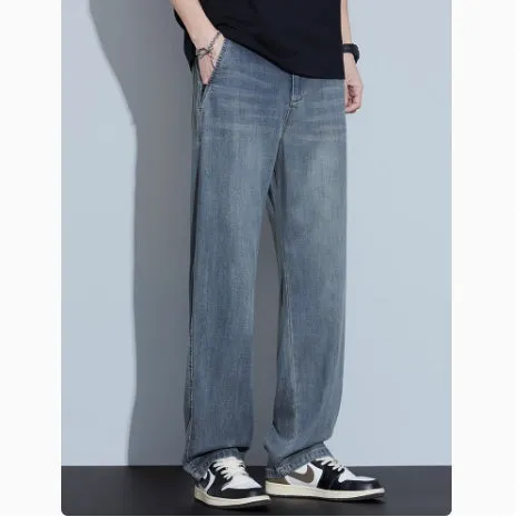 2025 New Tencel Jeans Men's Summer Thin Section Loose Straight Tide American Retro Casual Long Pants