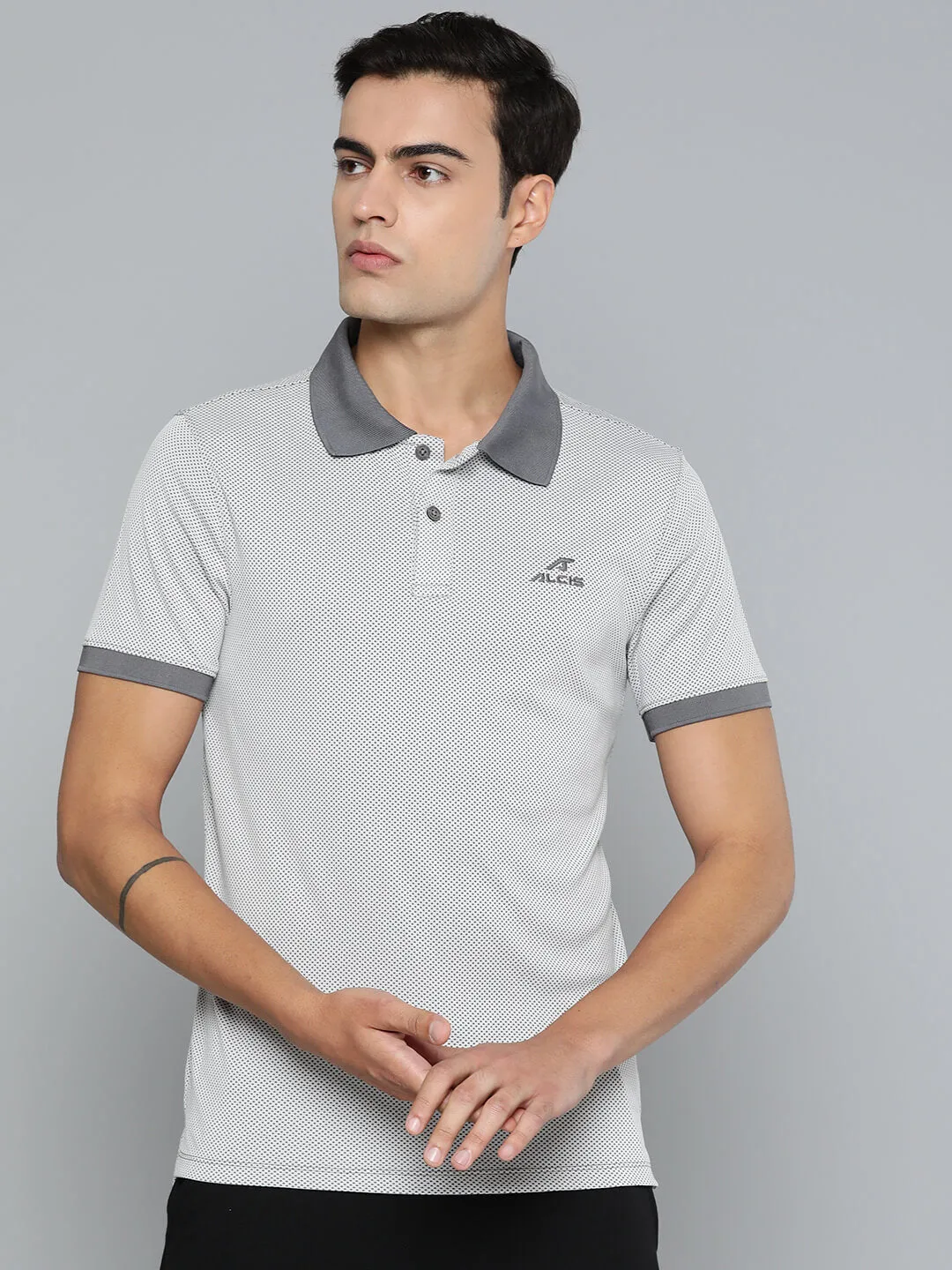 Alcis Men Grey Colourblocked Polo Collar Dry Tech Slim Fit Sports T-shirt