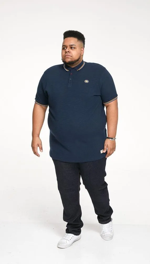 D555 Men's OTIS-High/Low Knitted Polo With 2 Colour Tipping Ribbed Collar in Navy, 3XL to 6XL