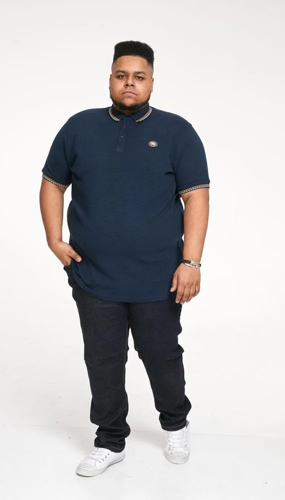 D555 Men's OTIS-High/Low Knitted Polo With 2 Colour Tipping Ribbed Collar in Navy, 3XL to 6XL