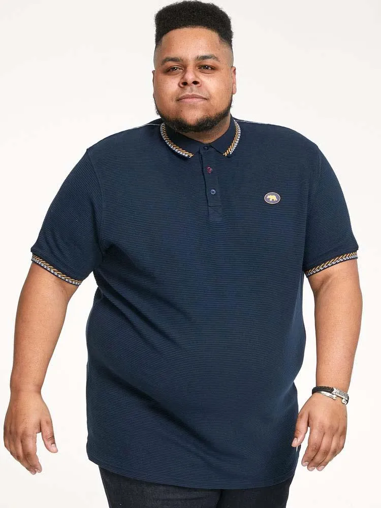D555 Men's OTIS-High/Low Knitted Polo With 2 Colour Tipping Ribbed Collar in Navy, 3XL to 6XL