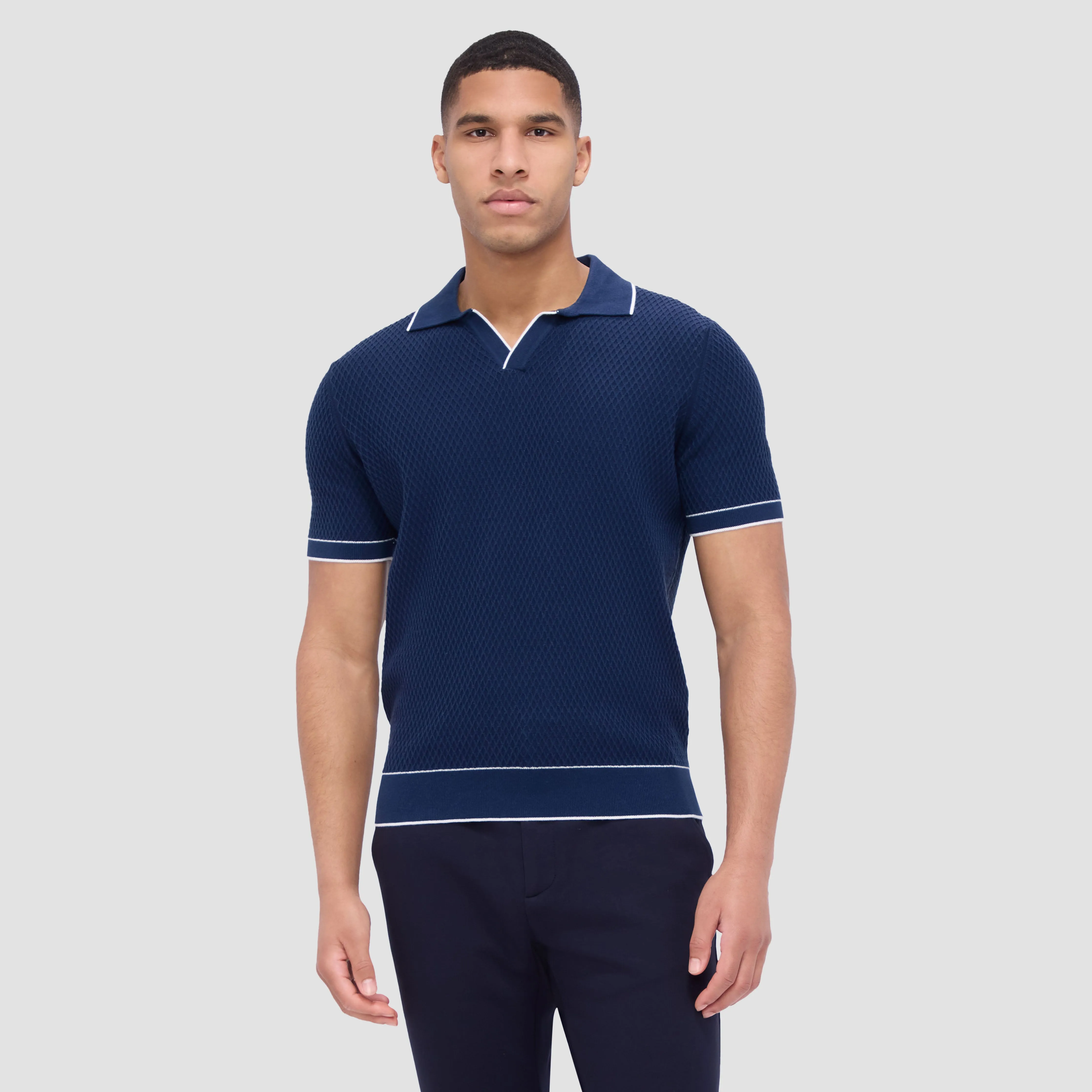 Honeycomb Stitch Short-Sleeved Johnny Collar Sweater