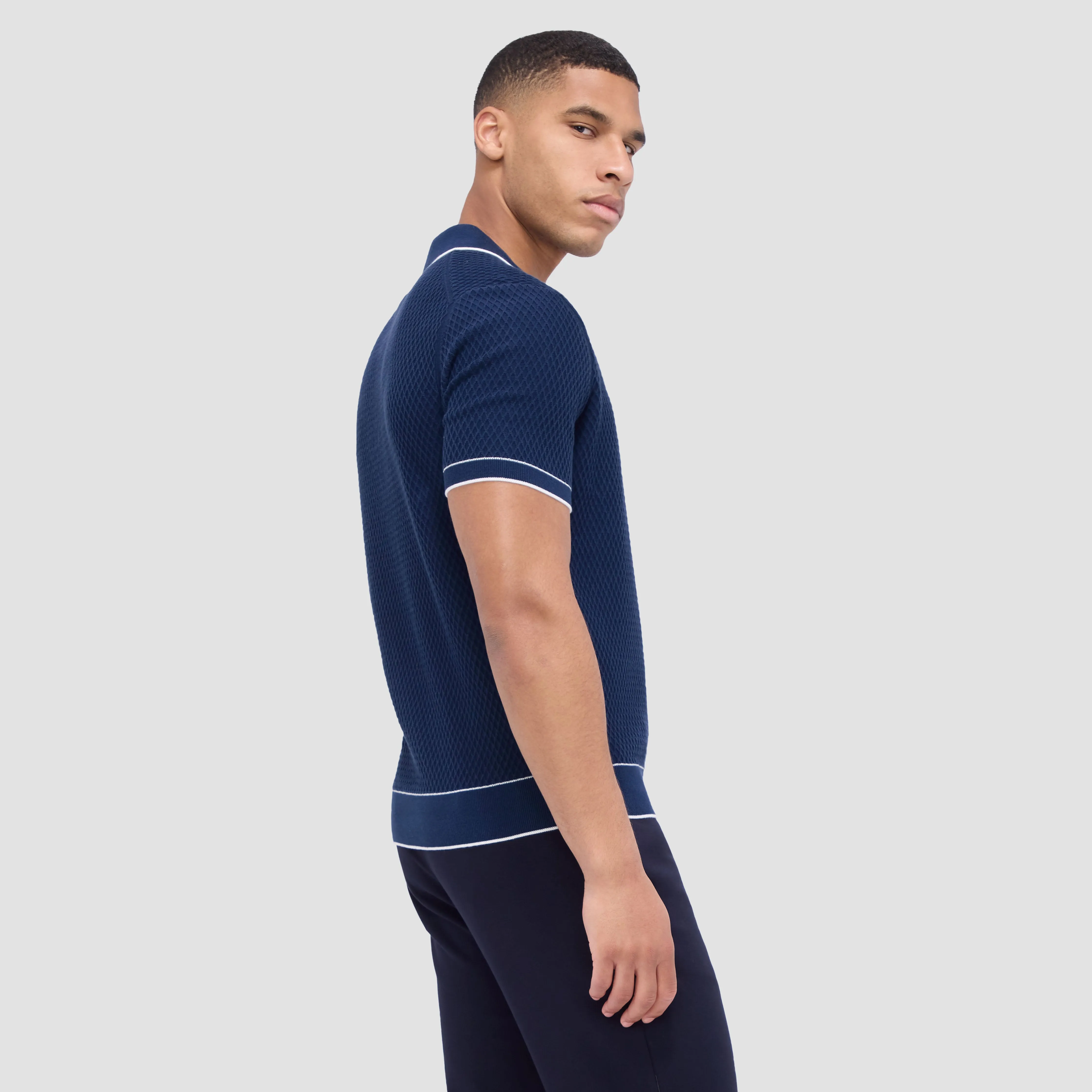 Honeycomb Stitch Short-Sleeved Johnny Collar Sweater