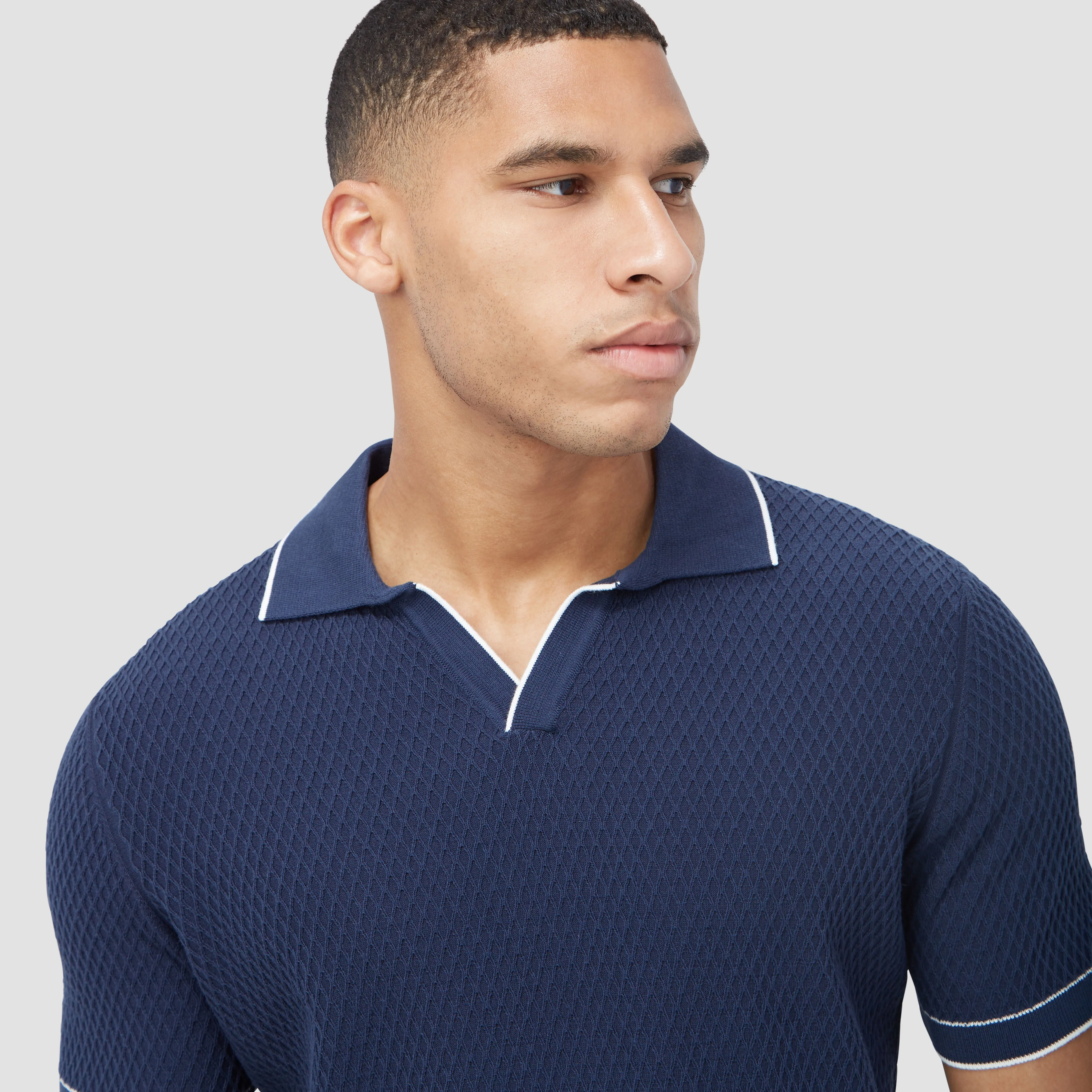 Honeycomb Stitch Short-Sleeved Johnny Collar Sweater