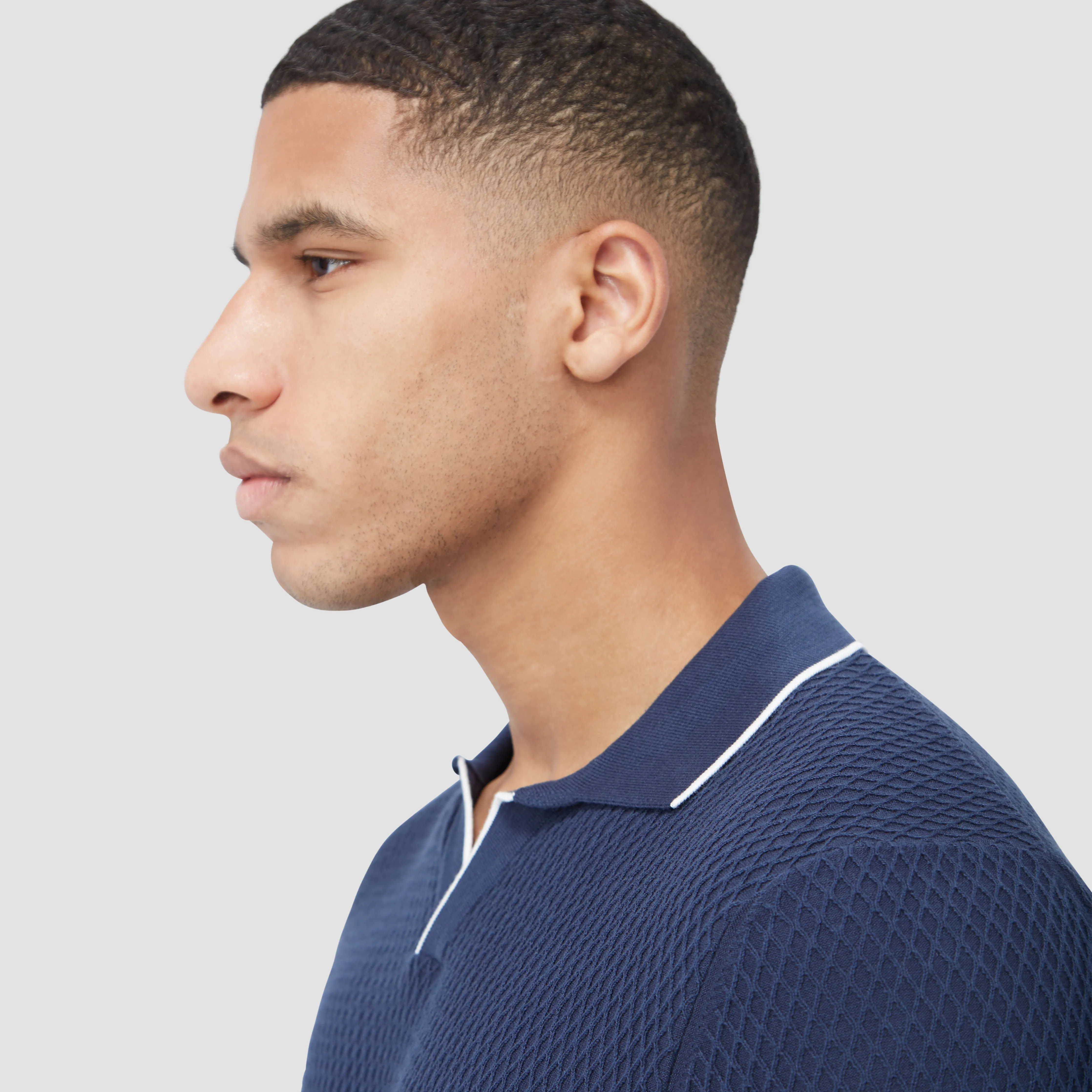 Honeycomb Stitch Short-Sleeved Johnny Collar Sweater