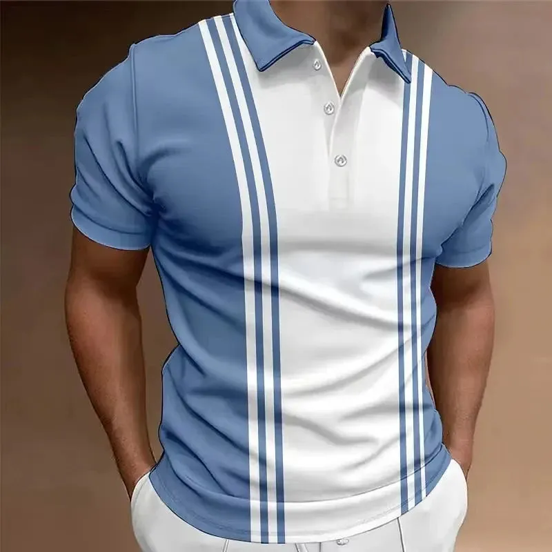 Hot Sell Summer Men's Classic Polo Shirt Men Stripes Print Polo Shirts Men Business Button Tees Tops Fashion Polo Shirts Lapel
