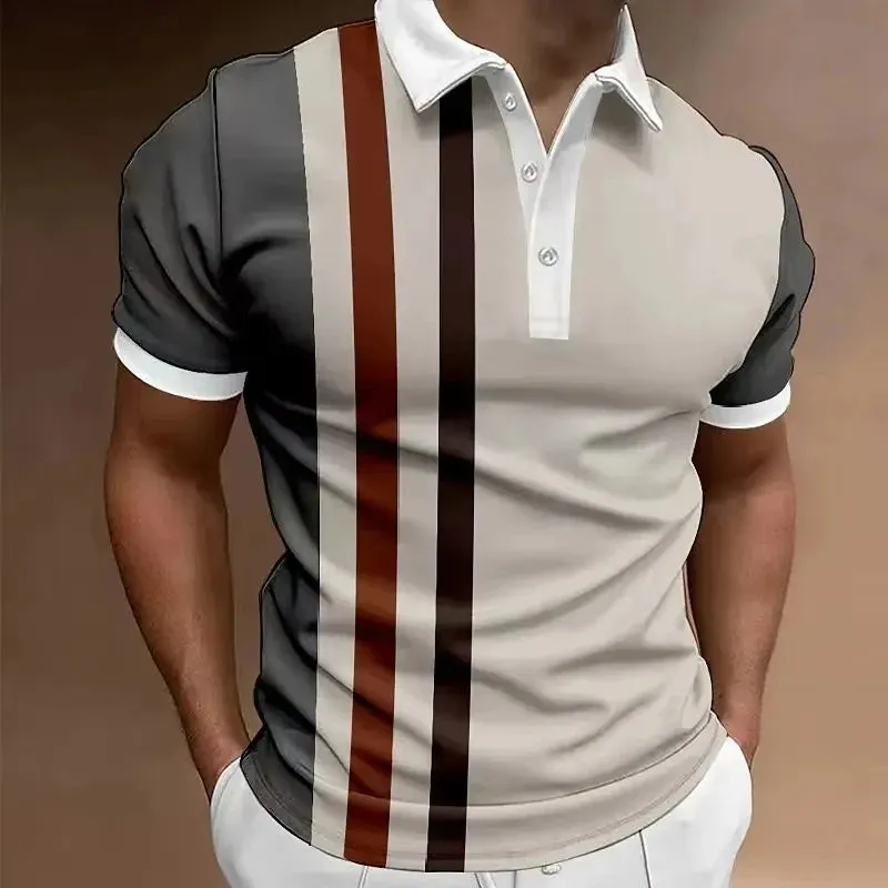 Hot Sell Summer Men's Classic Polo Shirt Men Stripes Print Polo Shirts Men Business Button Tees Tops Fashion Polo Shirts Lapel