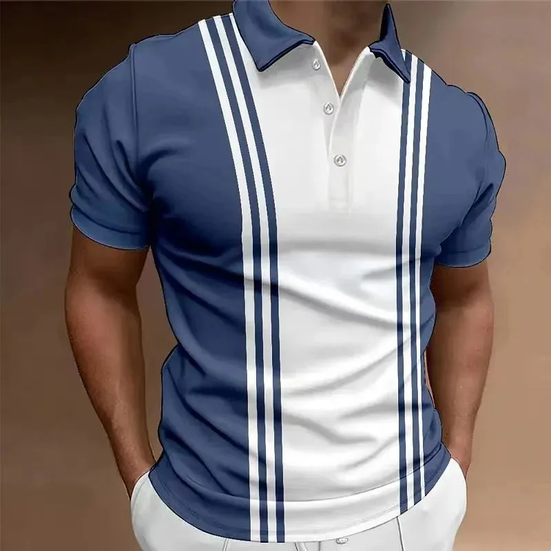 Hot Sell Summer Men's Classic Polo Shirt Men Stripes Print Polo Shirts Men Business Button Tees Tops Fashion Polo Shirts Lapel