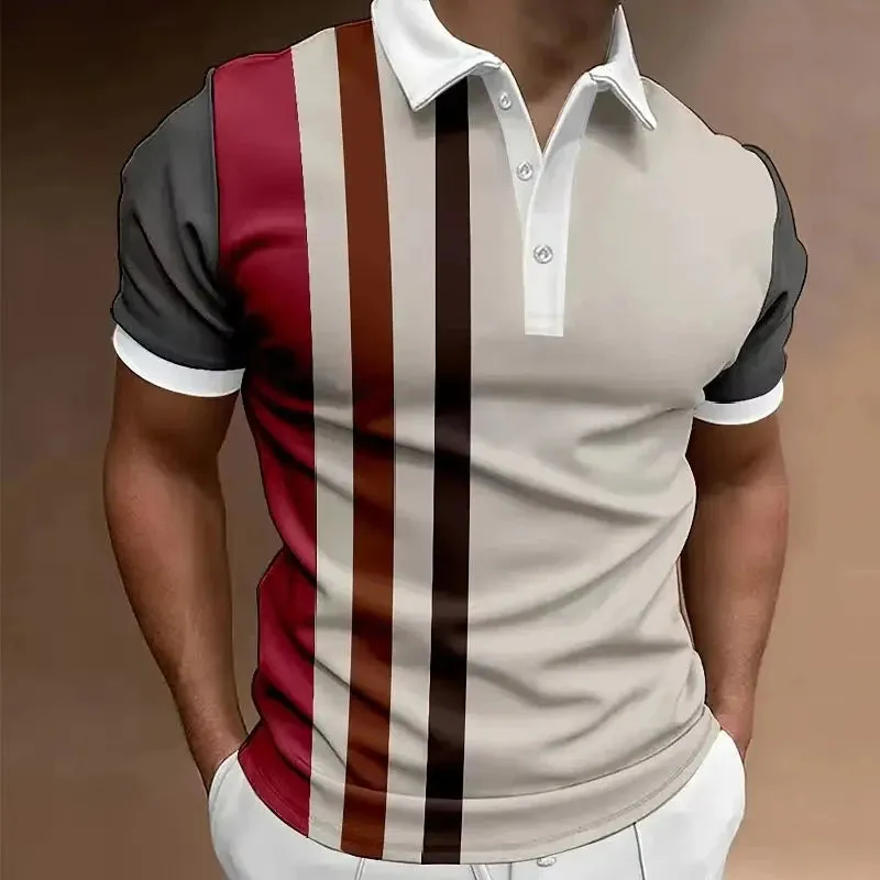Hot Sell Summer Men's Classic Polo Shirt Men Stripes Print Polo Shirts Men Business Button Tees Tops Fashion Polo Shirts Lapel
