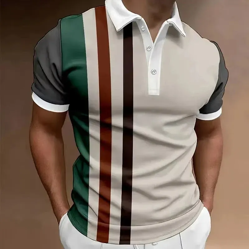 Hot Sell Summer Men's Classic Polo Shirt Men Stripes Print Polo Shirts Men Business Button Tees Tops Fashion Polo Shirts Lapel
