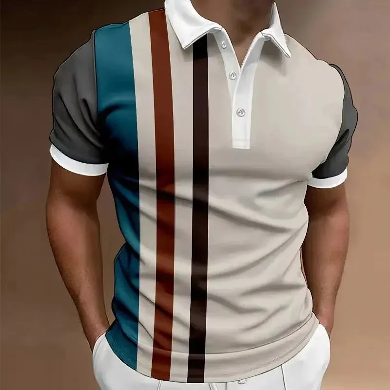 Hot Sell Summer Men's Classic Polo Shirt Men Stripes Print Polo Shirts Men Business Button Tees Tops Fashion Polo Shirts Lapel