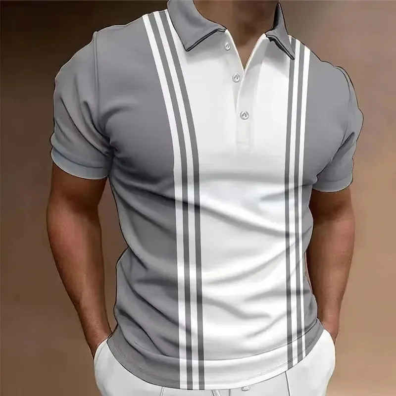 Hot Sell Summer Men's Classic Polo Shirt Men Stripes Print Polo Shirts Men Business Button Tees Tops Fashion Polo Shirts Lapel