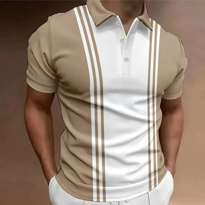Hot Sell Summer Men's Classic Polo Shirt Men Stripes Print Polo Shirts Men Business Button Tees Tops Fashion Polo Shirts Lapel
