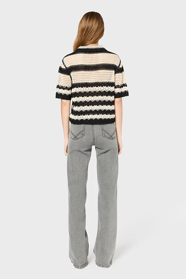 JOLENE BLACK CROCHETED STRIPE POLO SWEATER
