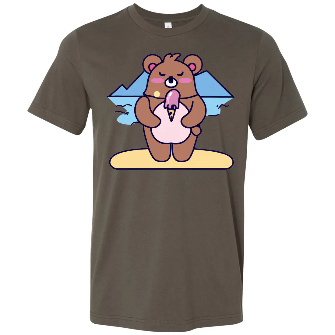 Kawaii Grizzly Bear Eating Ice Cream Asst Colors Mens Lightweight Fitted T-Shirt/tee