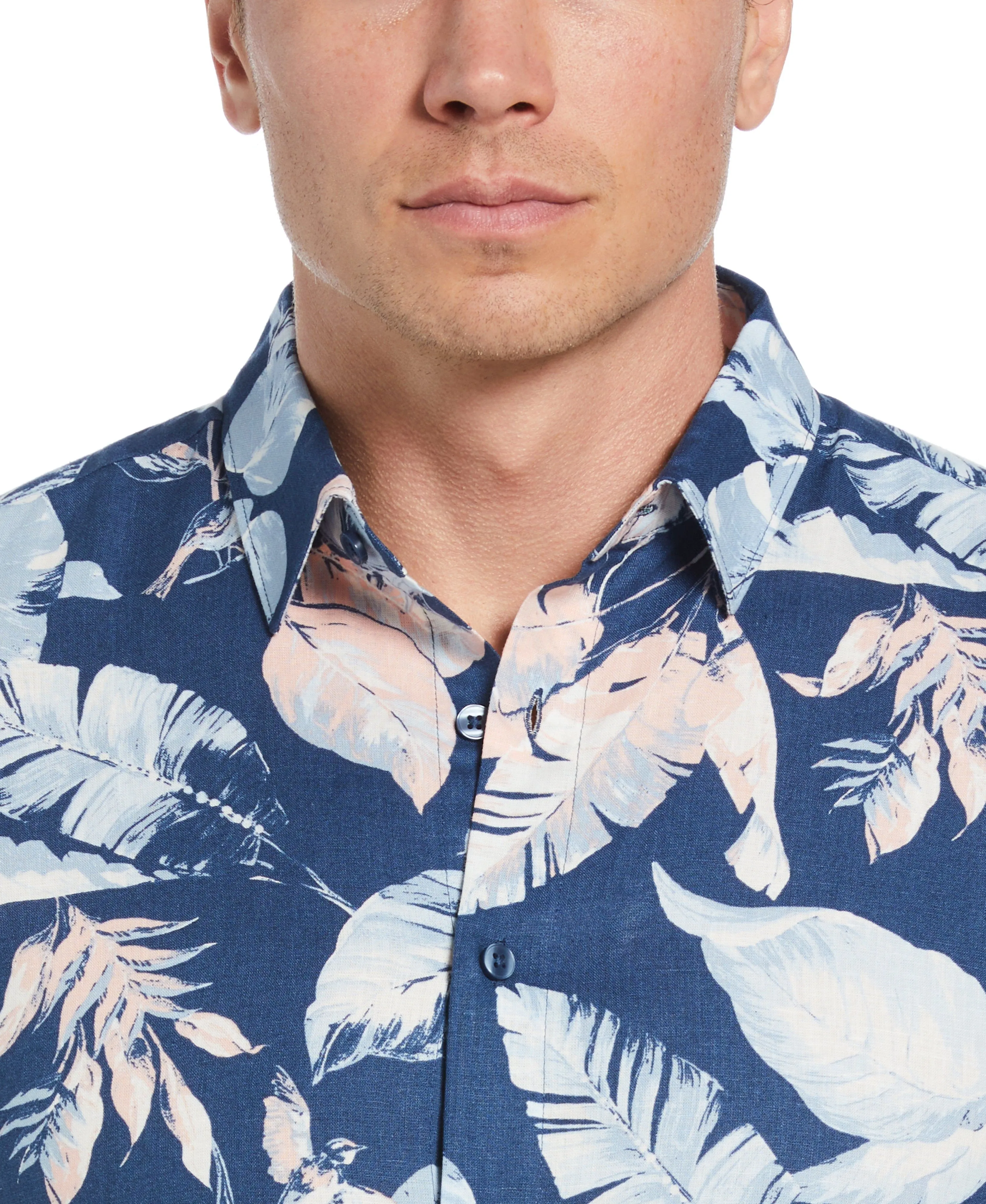 Linen-Blend Tropical Bird Print Shirt
