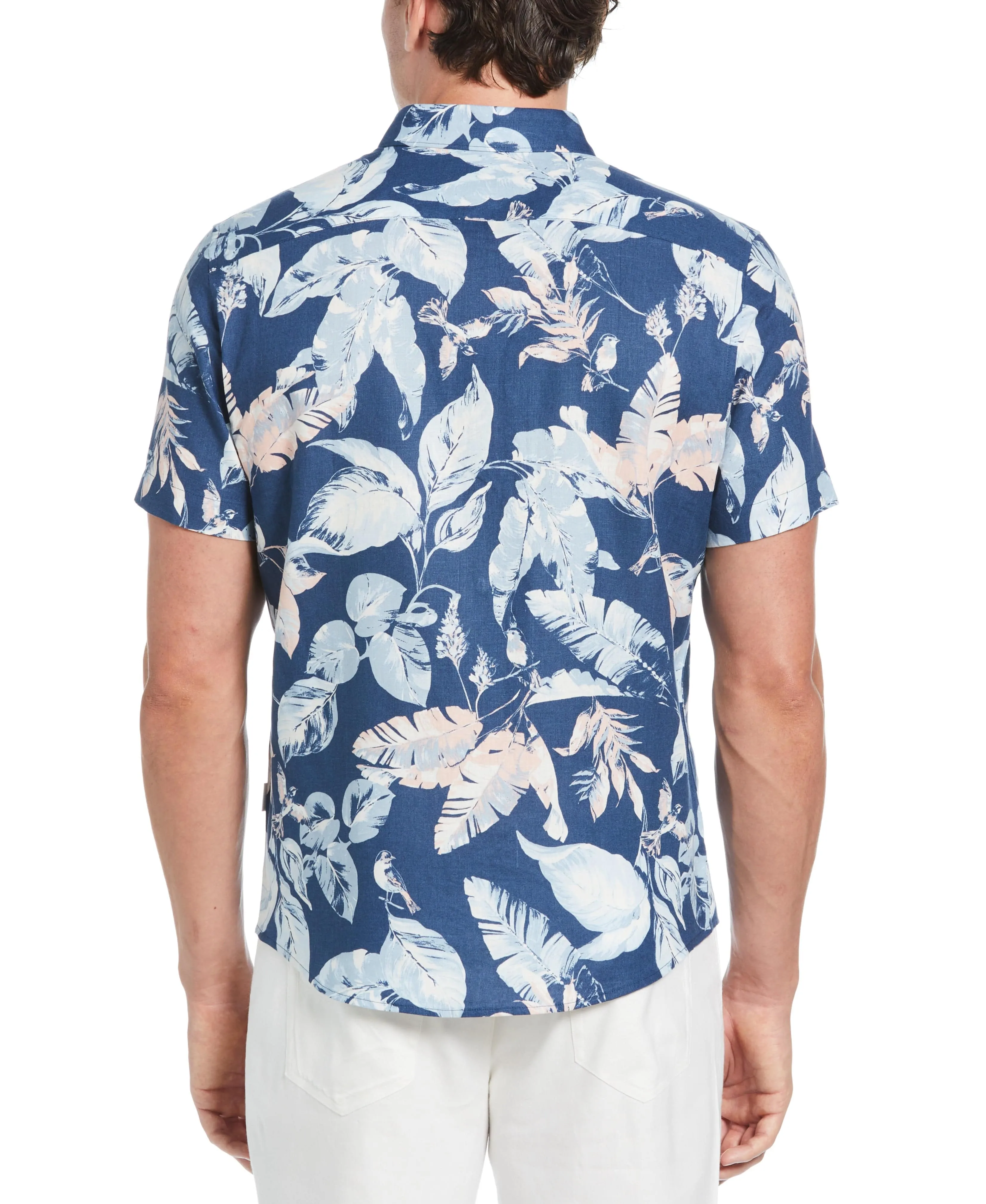 Linen-Blend Tropical Bird Print Shirt