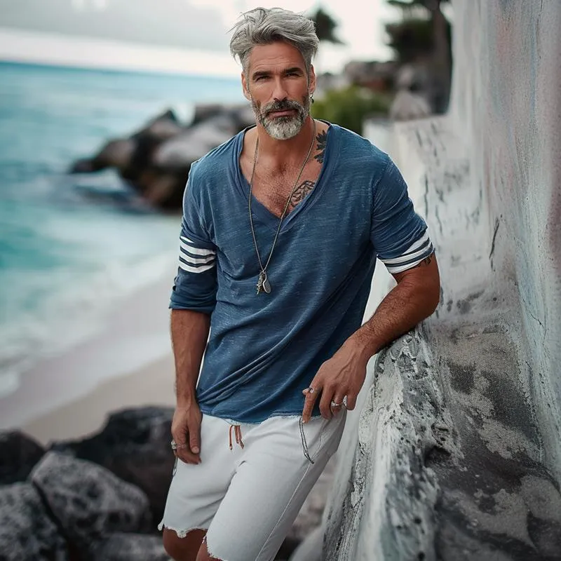 Magnus - Men's Loose V-Neck Striped Patchwork T-Shirt