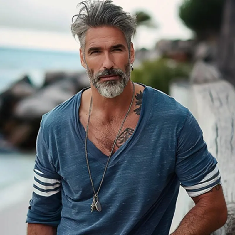 Magnus - Men's Loose V-Neck Striped Patchwork T-Shirt