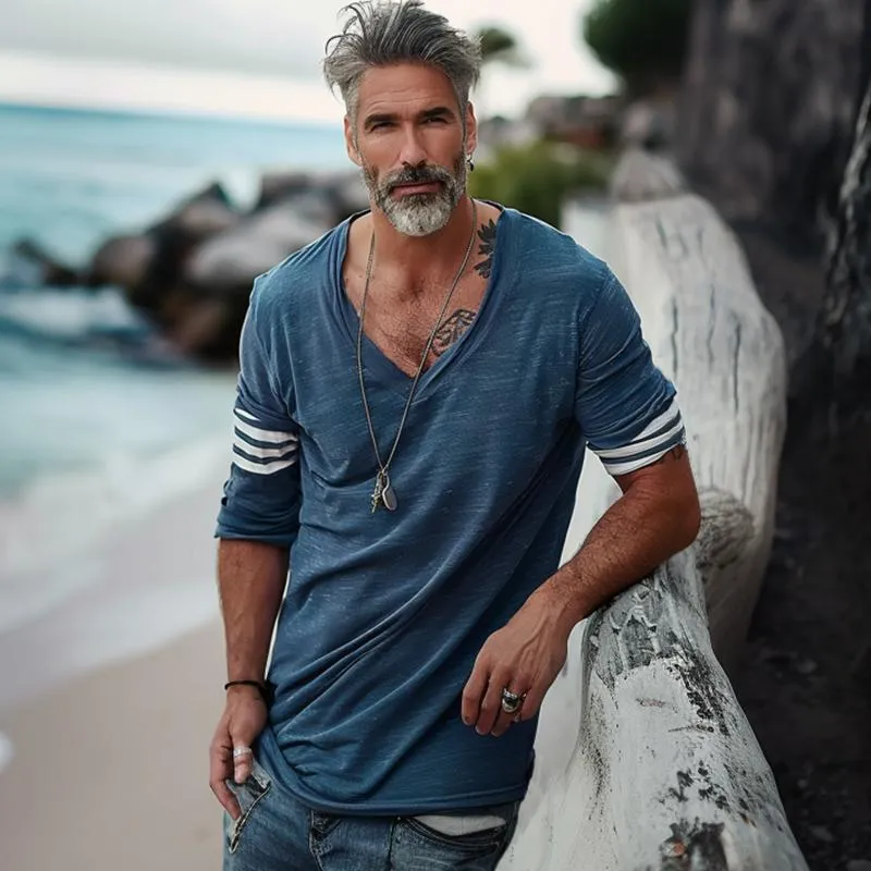 Magnus - Men's Loose V-Neck Striped Patchwork T-Shirt