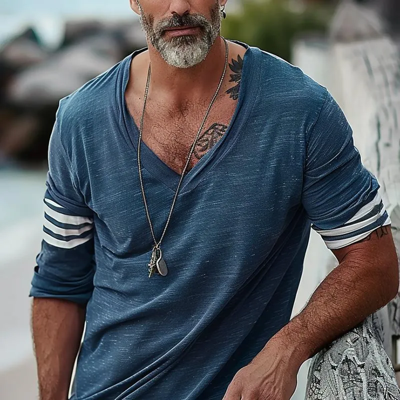 Magnus - Men's Loose V-Neck Striped Patchwork T-Shirt