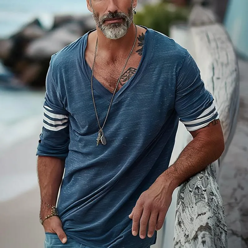 Magnus - Men's Loose V-Neck Striped Patchwork T-Shirt