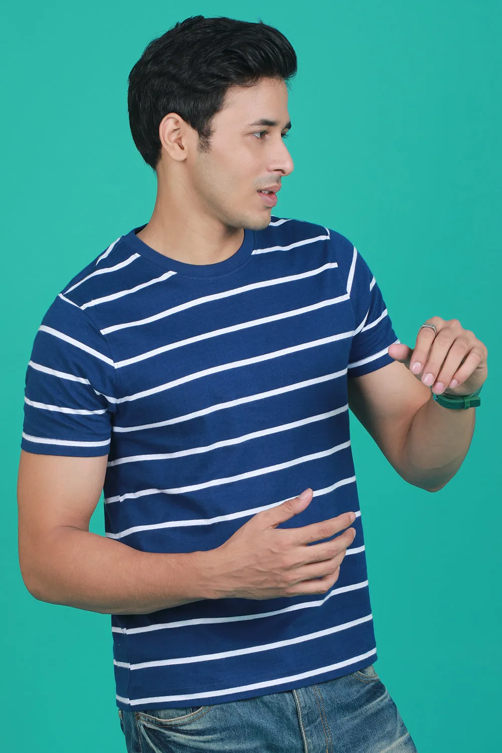 Men's Blue/White Striped Round Neck T-shirt