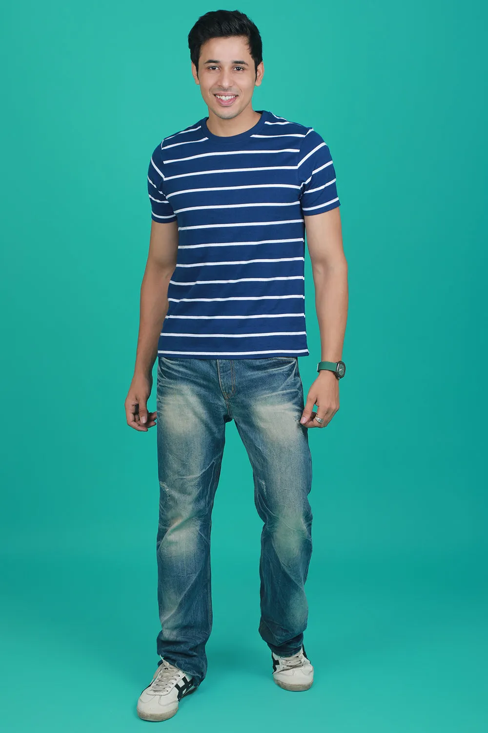 Men's Blue/White Striped Round Neck T-shirt