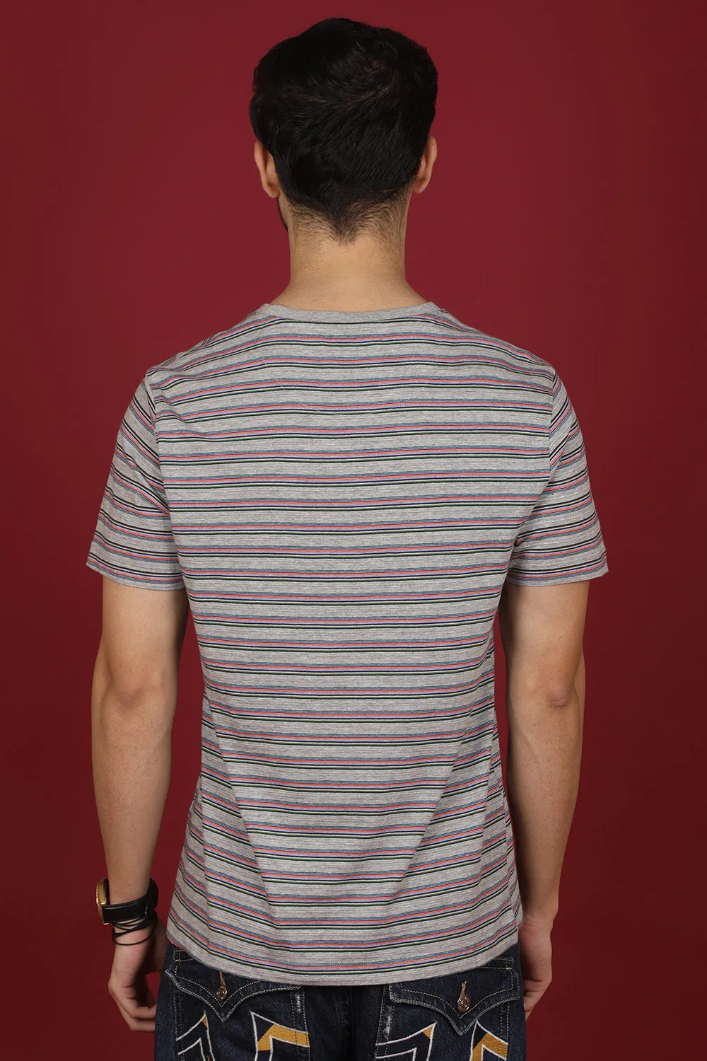 Men's Lt.Grey/Black/Orange Striped Round Neck T-shirt