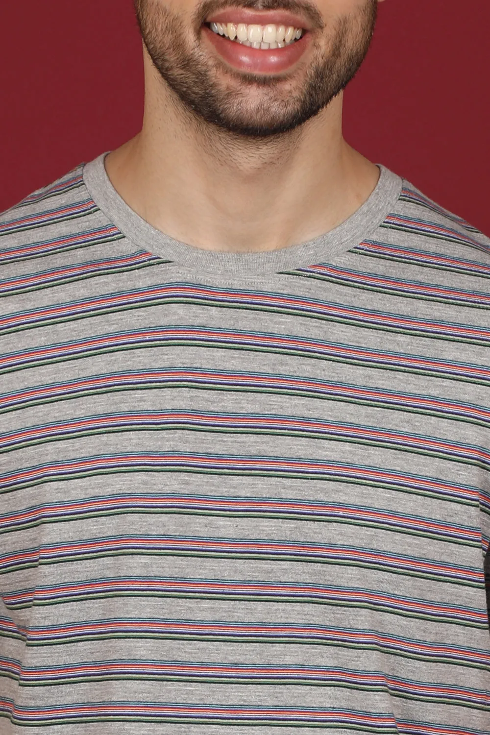 Men's Lt.Grey/Black/Orange Striped Round Neck T-shirt