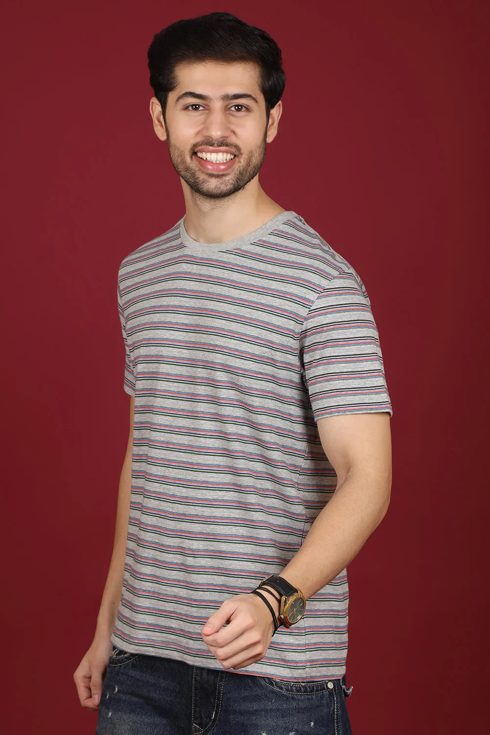 Men's Lt.Grey/Black/Orange Striped Round Neck T-shirt
