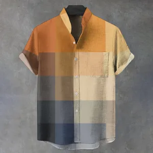 Men's Stand Collar Yellow Blue Art Mosaic Gradient Art Print Casual Cotton Shirt 2408004554