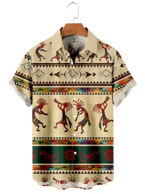 Men's Vintage Western Denim Print Short Sleeve Shirt