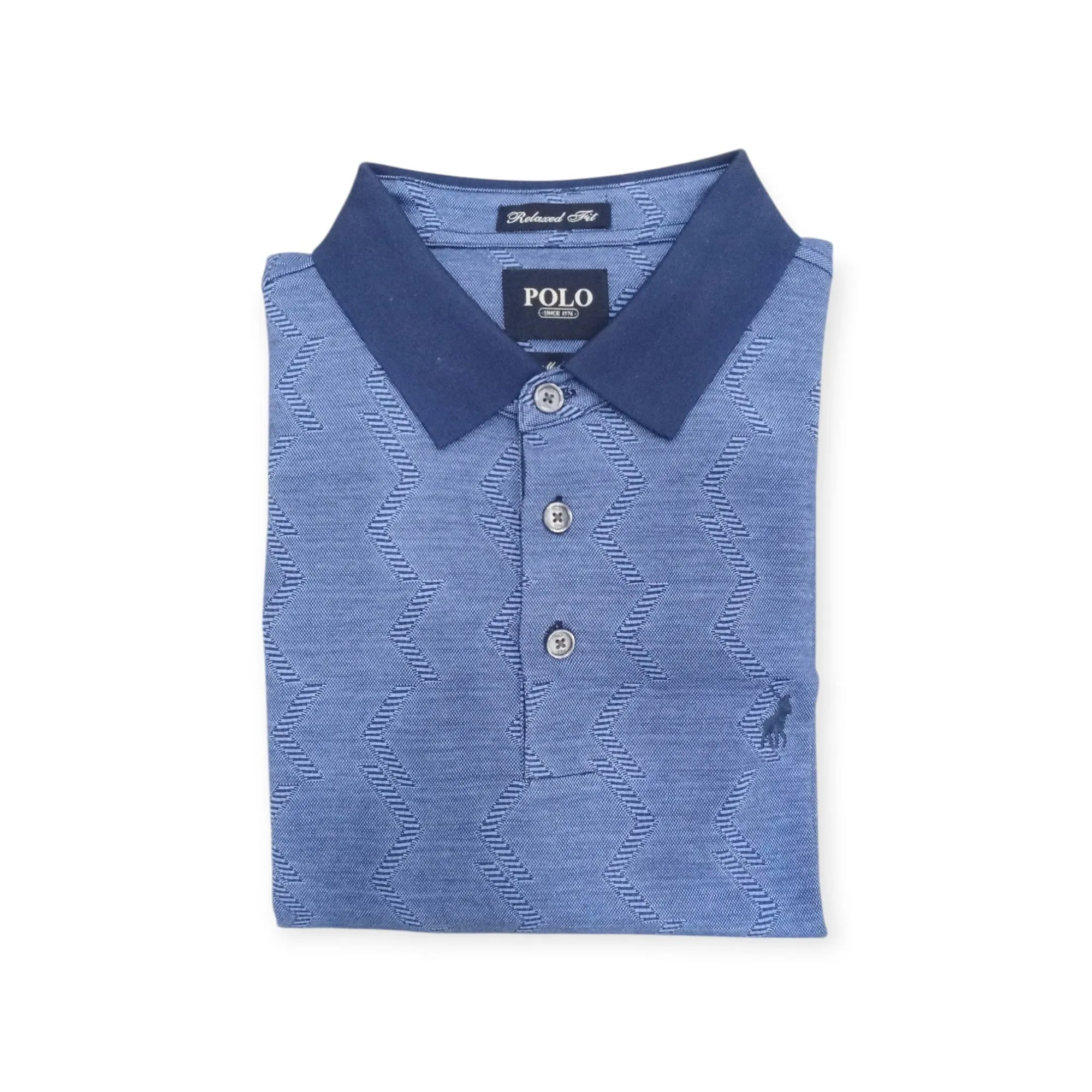 Polo Men's Long Sleeve Double Mercerised Jacquard Golfer Blue