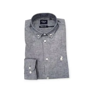 Polo Men's Long Sleeve Plain Linen Shirt Navy