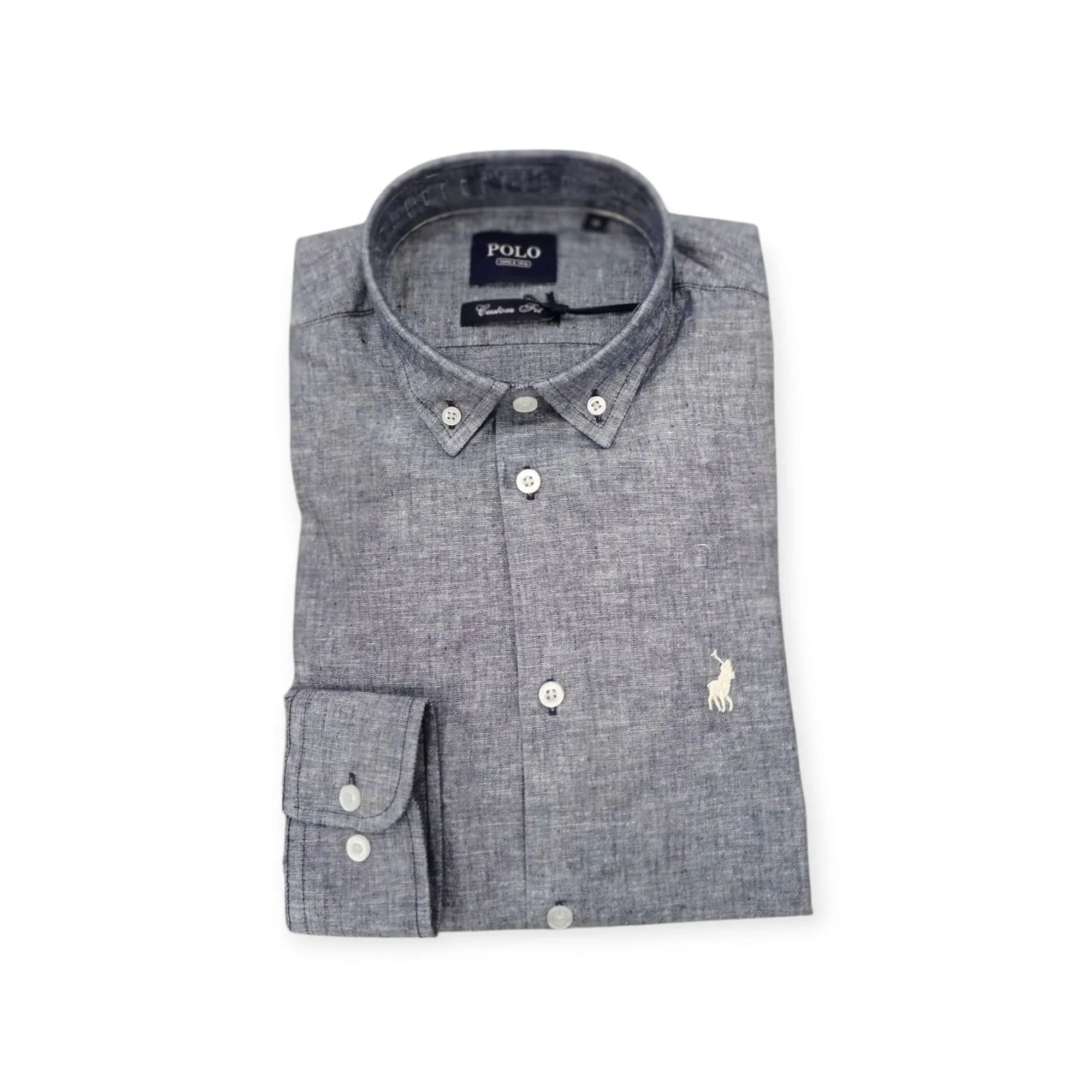 Polo Men's Long Sleeve Plain Linen Shirt Navy