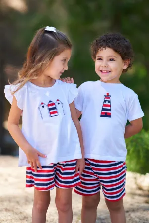 "Silvana" Red & Navy Stripe Blouse & Shorts