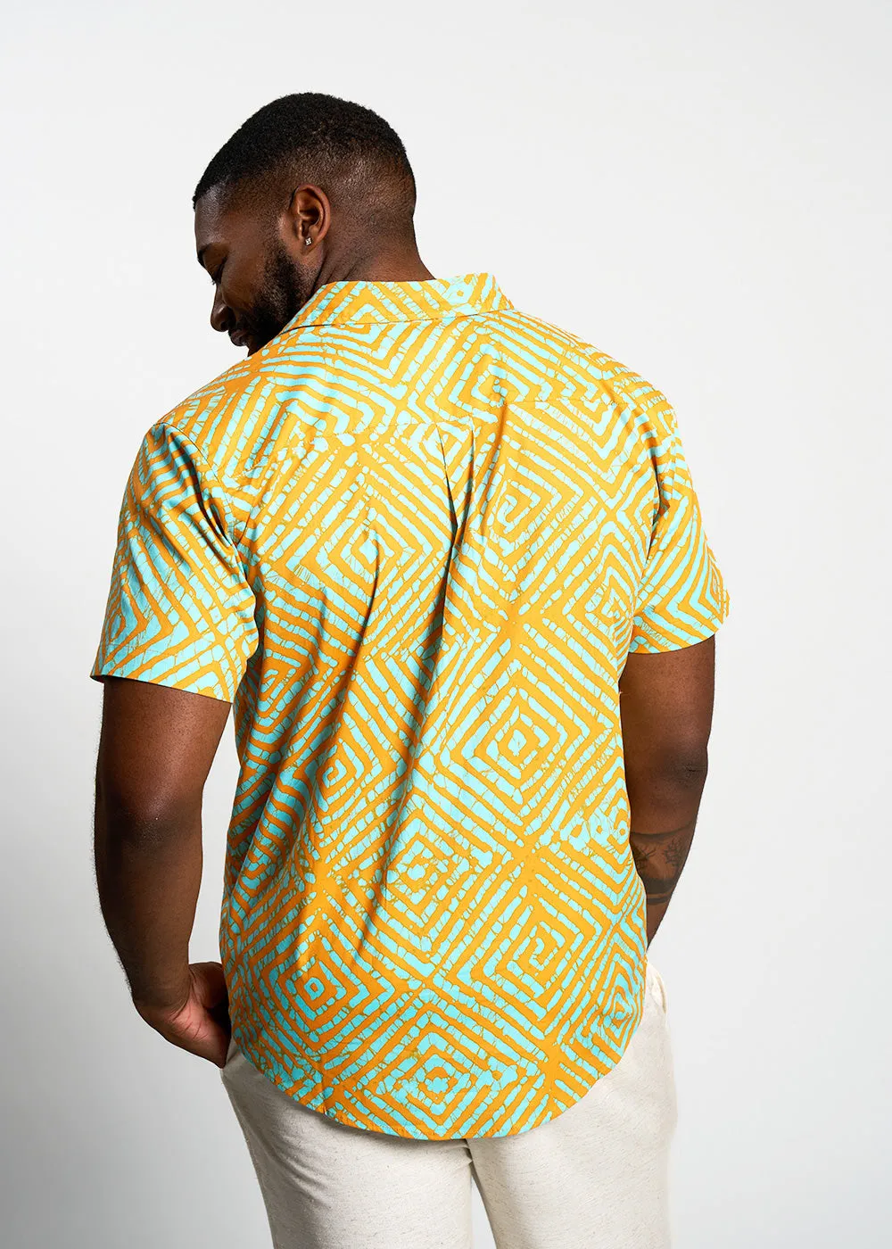 Tahir Men's African Print Button-Up Shirt (Orange Blue Adire)