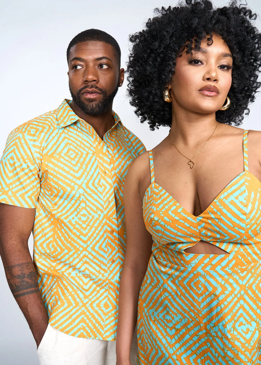 Tahir Men's African Print Button-Up Shirt (Orange Blue Adire)
