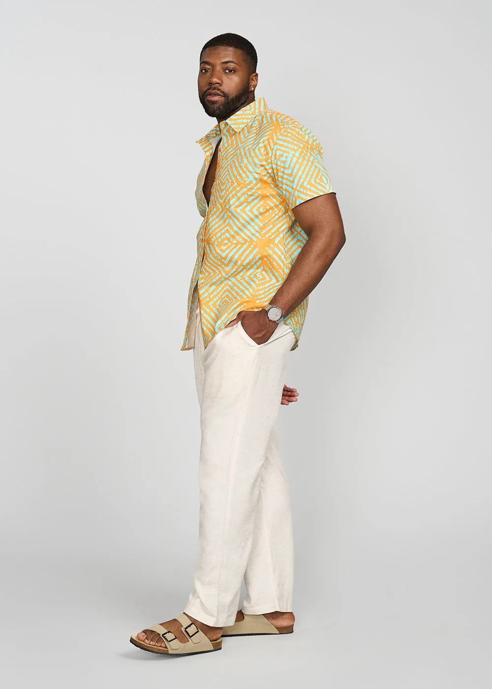 Tahir Men's African Print Button-Up Shirt (Orange Blue Adire)