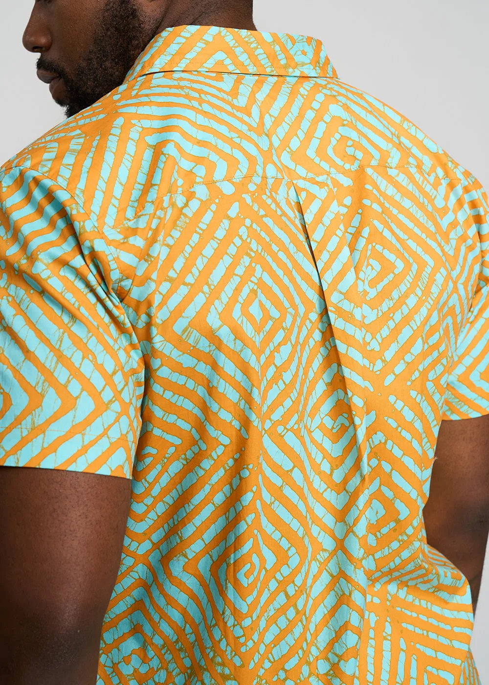 Tahir Men's African Print Button-Up Shirt (Orange Blue Adire)