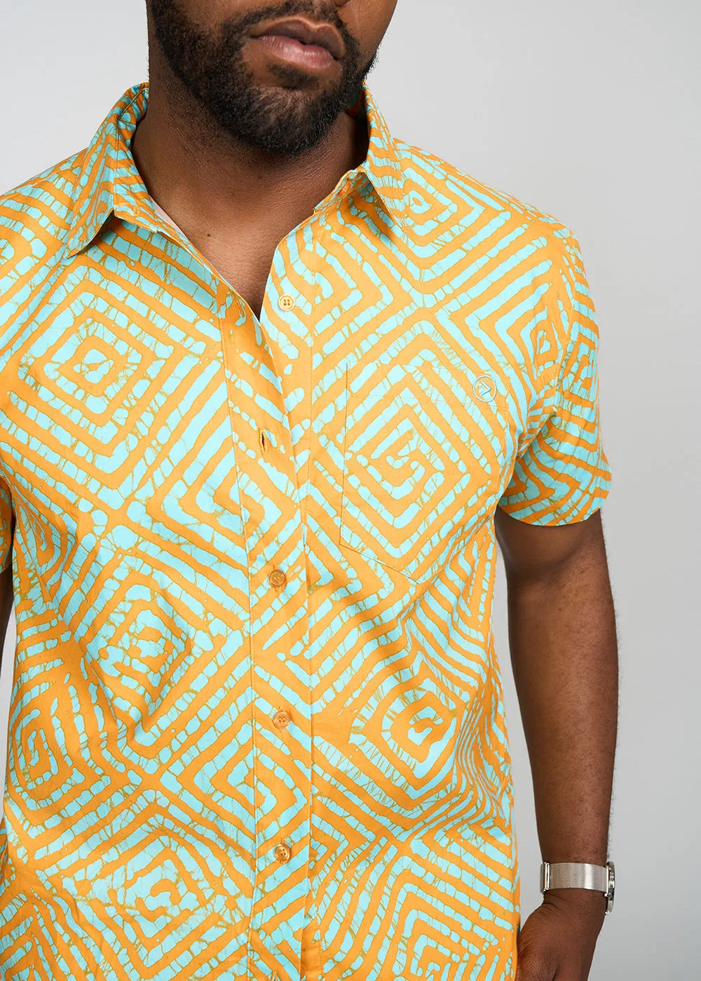 Tahir Men's African Print Button-Up Shirt (Orange Blue Adire)