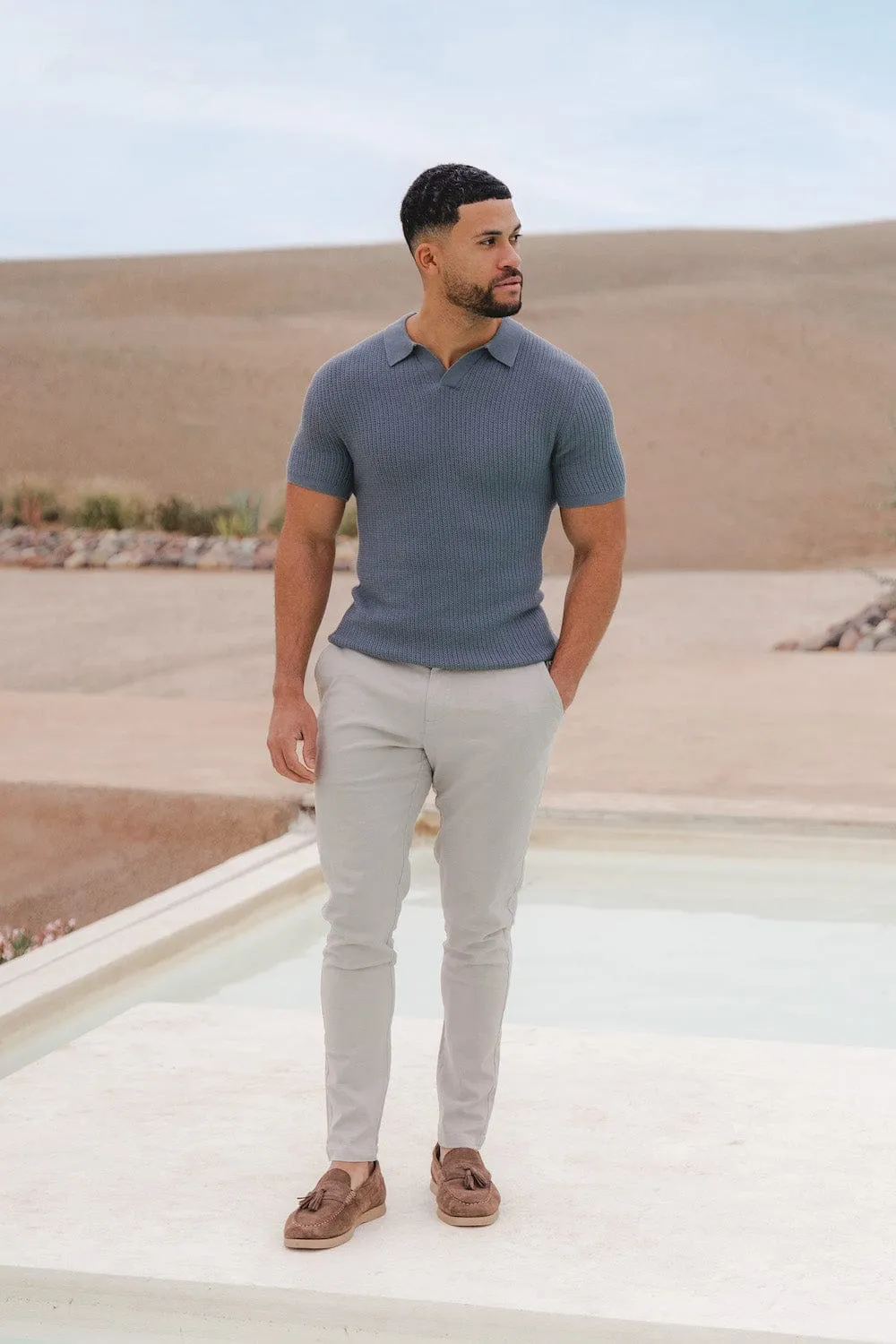 Textured Open Collar Knit Polo in Sage