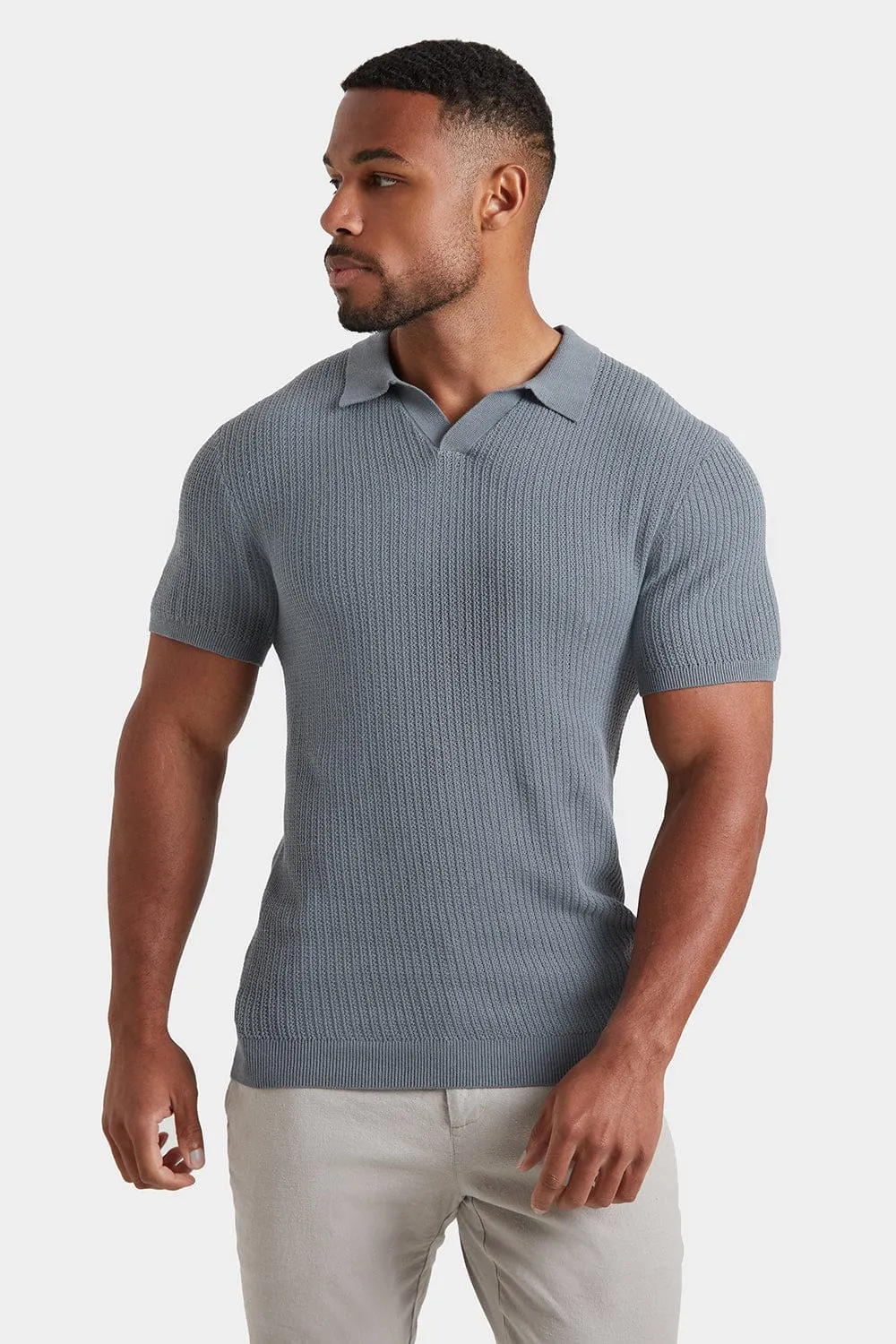 Textured Open Collar Knit Polo in Sage