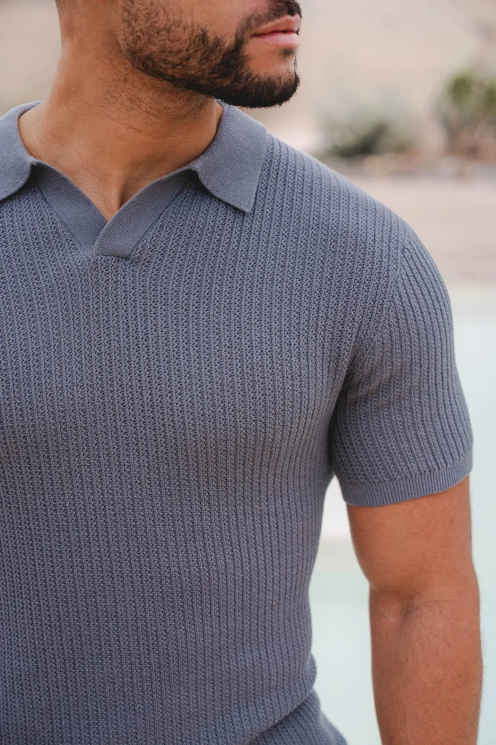 Textured Open Collar Knit Polo in Sage
