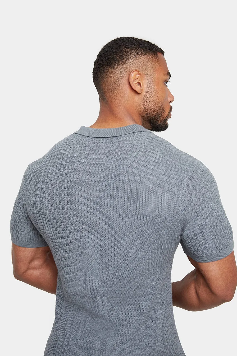 Textured Open Collar Knit Polo in Sage