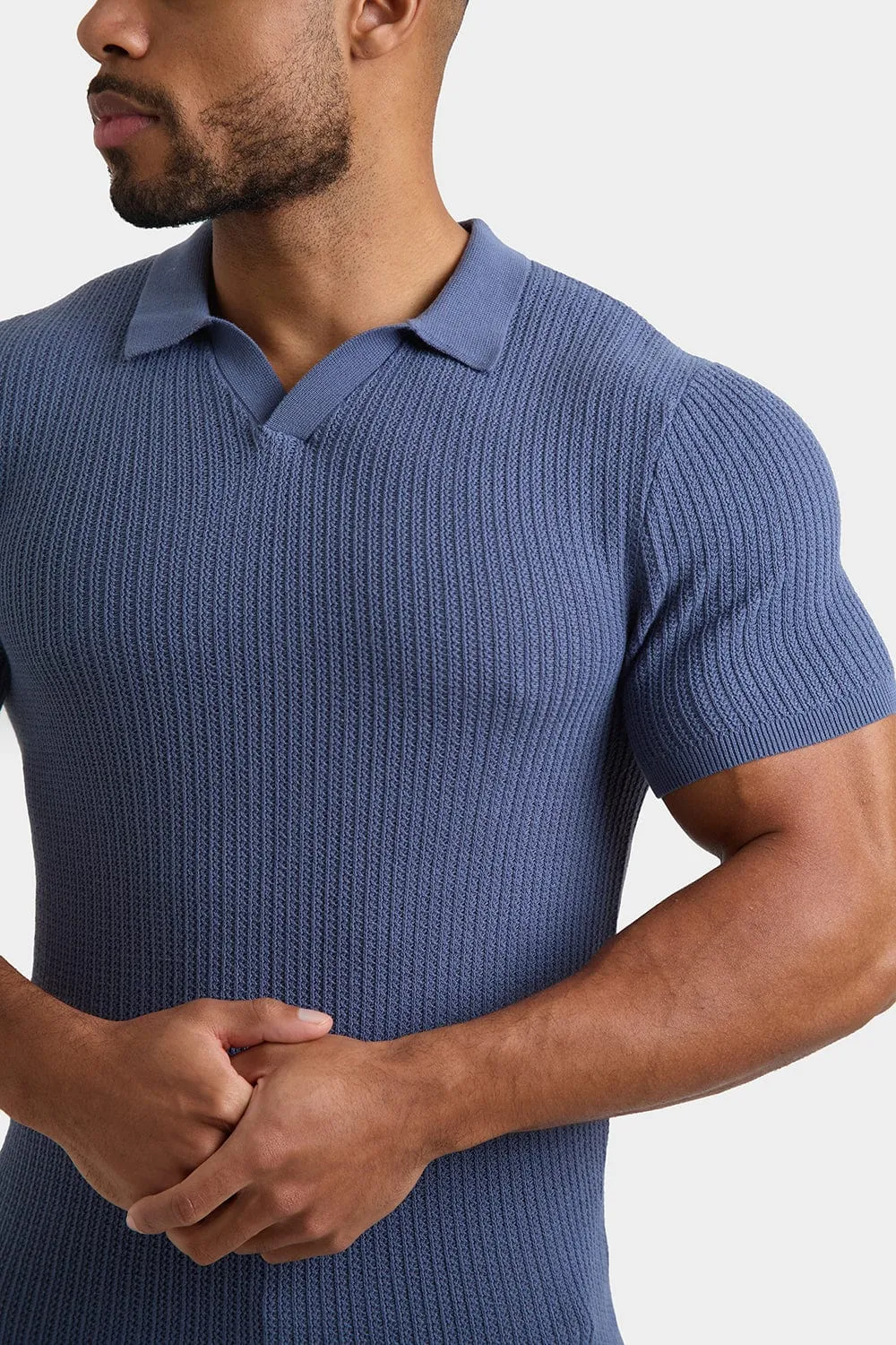 Textured Open Collar Knit Polo in Slate Blue