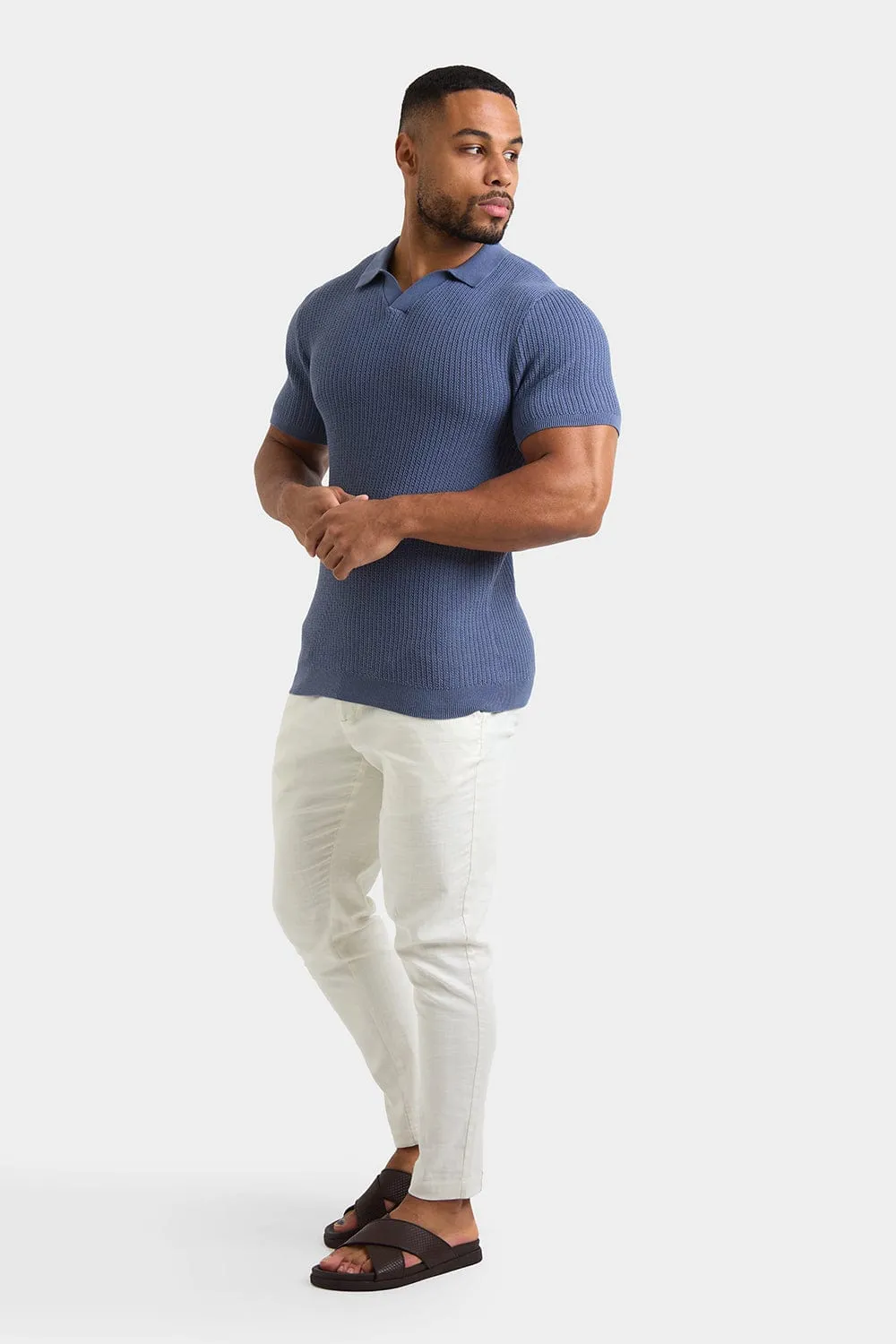 Textured Open Collar Knit Polo in Slate Blue